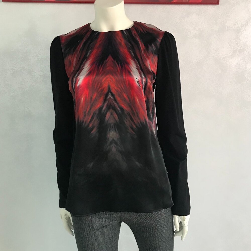 BYBLOS Italy NWOT Black Silk Front Red Accent Jersey Combination Blouse Top L